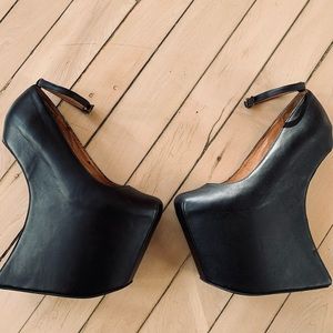 Jeffrey Campbell black leather platform street cred ankle strap shoes.